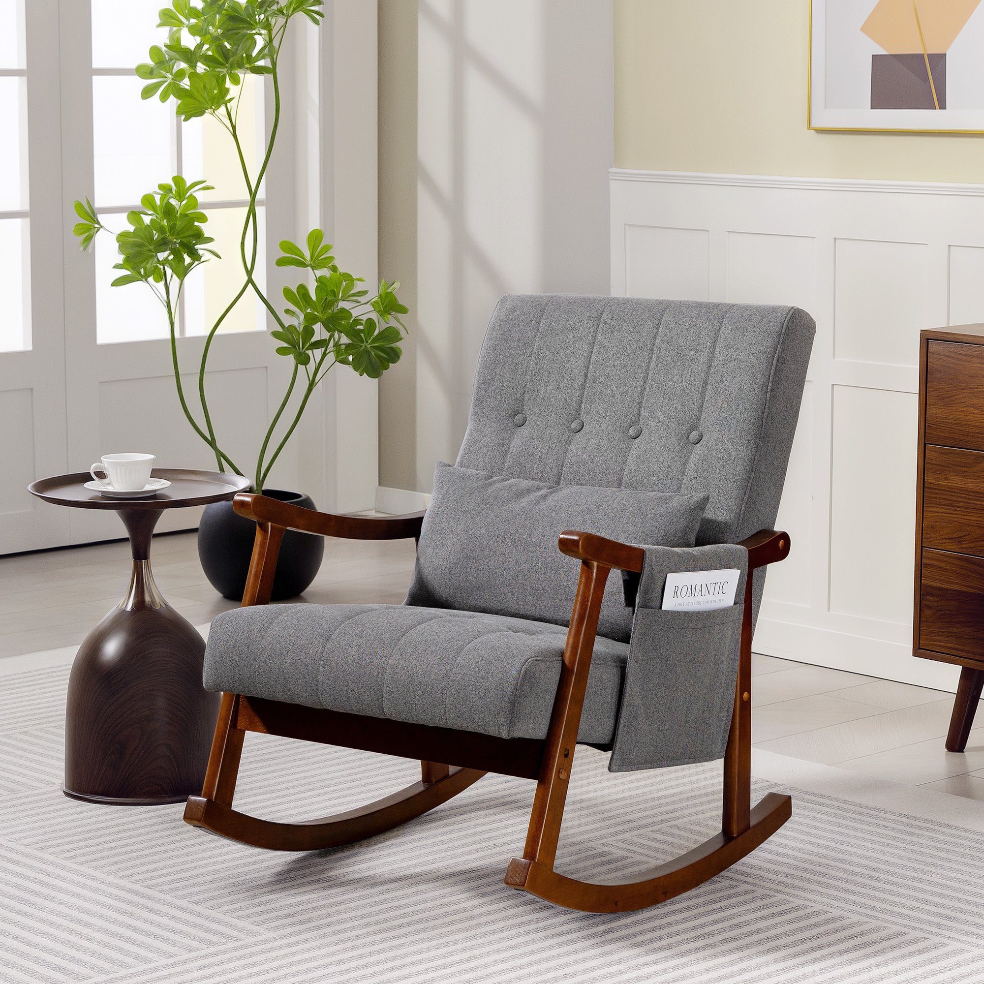 HOMCOM Upholstered Rocking Armchair with Lumbar Pillow and Side Pocket - Grey - Image 3