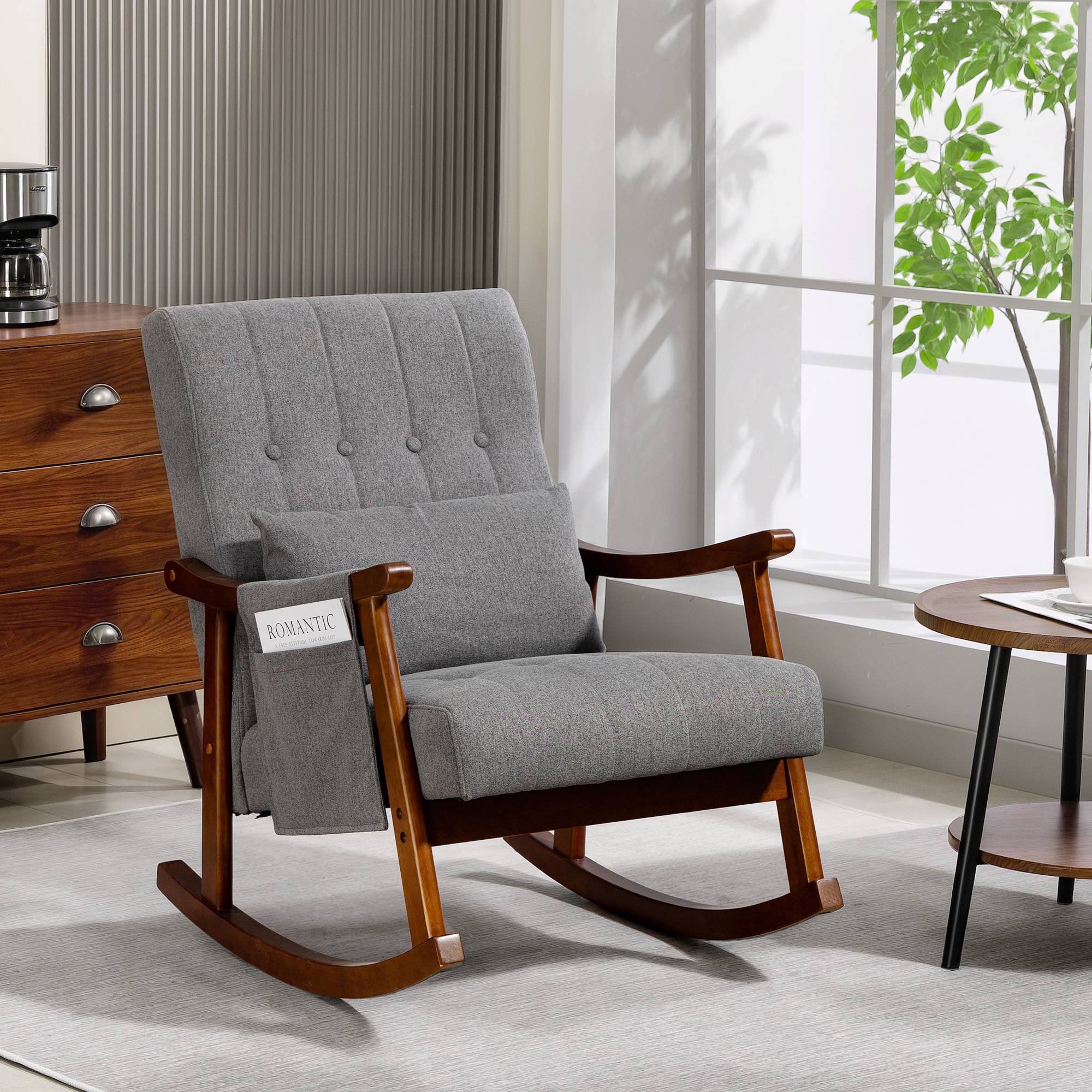 HOMCOM Upholstered Rocking Armchair with Lumbar Pillow and Side Pocket - Grey - Image 4