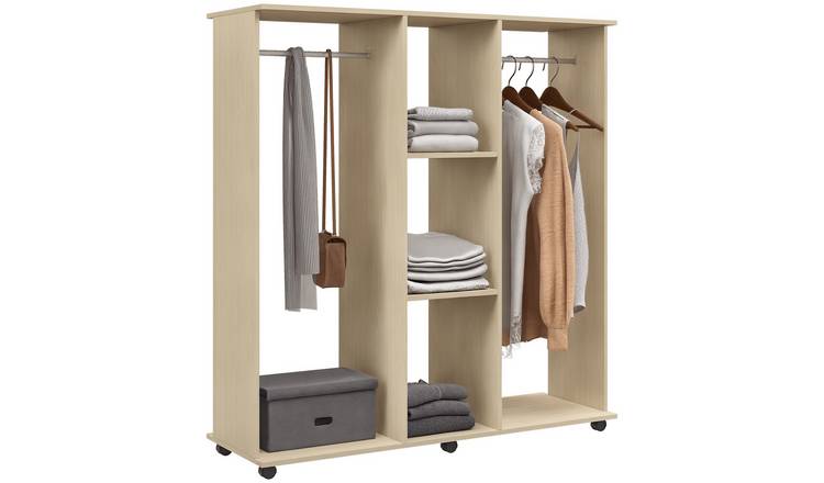 HOMCOM Double Open Wardrobe with Clothes Hanging Rails - Natural Wood