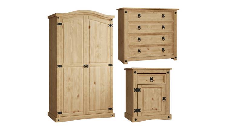 Vida Designs Corona Bedroom Set (Bedside Chest, 4 Drawer Chest, Wardrobe) - Pine