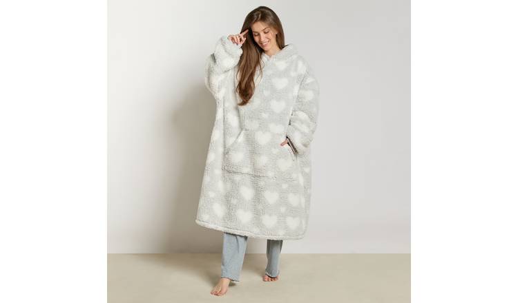 OHS Extra Long Heart Teddy Marl Hoodie Blanket - One Size - Grey