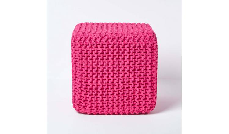 Homescapes Cube Cotton Knitted Pouffe Footstool – Hot Pink