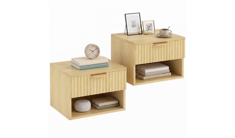 HOMCOM Set of 2 Floating Nightstands with Fluted Drawer and Open Shelf - Oak