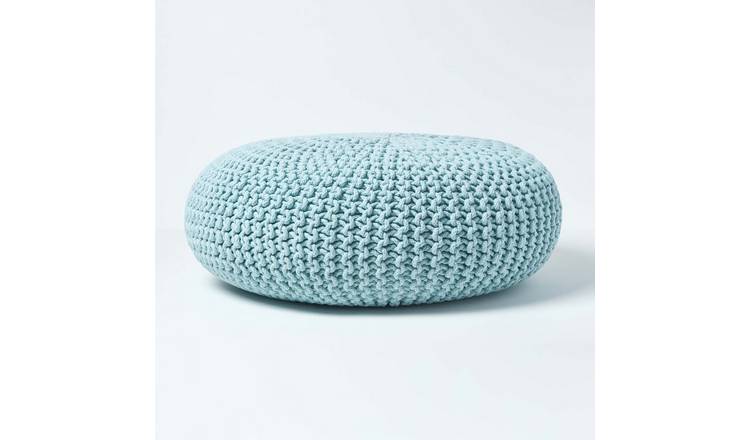 Homescapes Large Round Cotton Knitted Pouffe Footstool – Pastel Blue