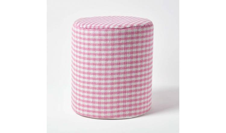 Homescapes Gingham Check Cotton Round Pouffe – 40 x 42 cm – Pink