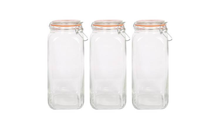 Argon Tableware Square Glass Jars with Clip-Top Lids - Pack of 3