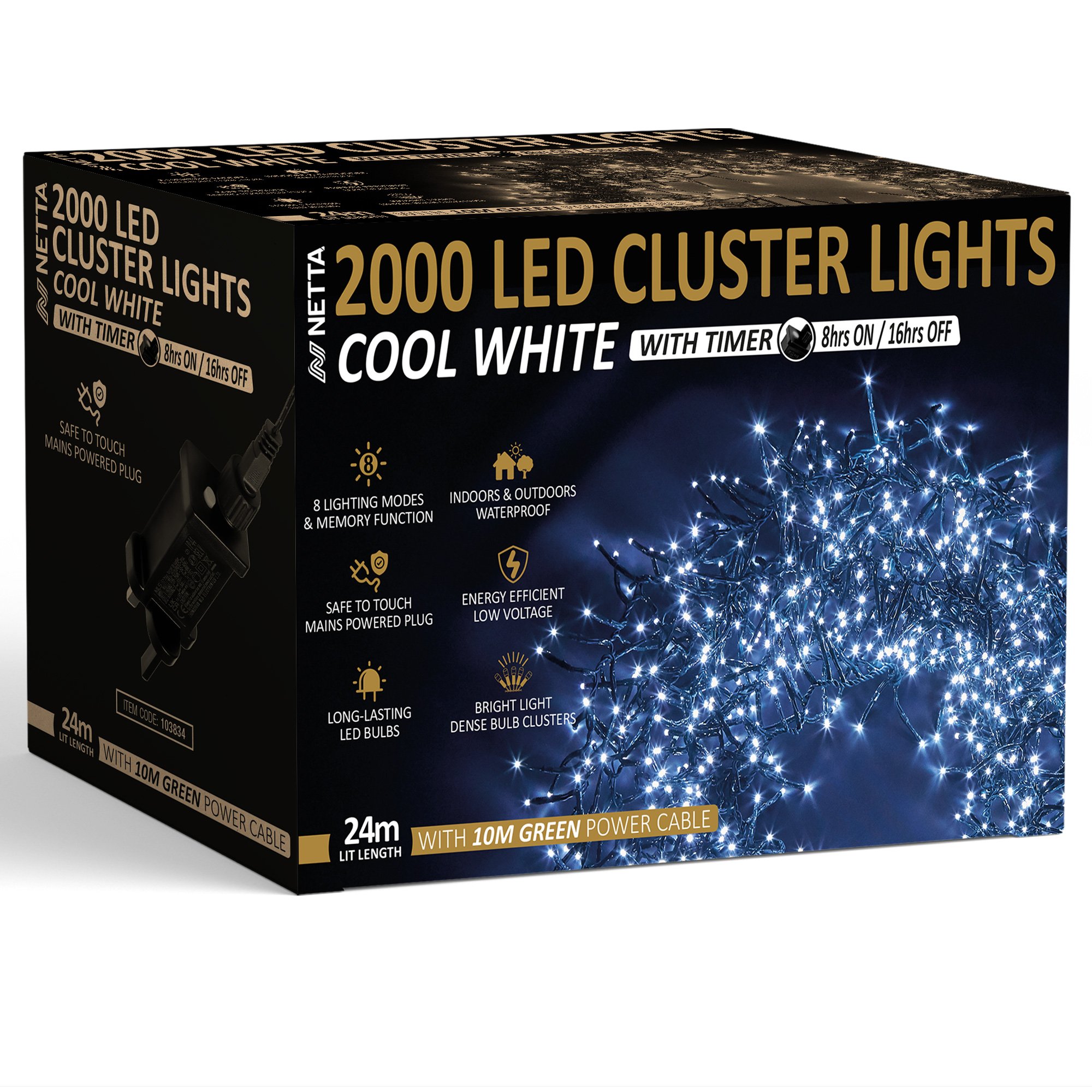 NETTA 2000 LED 24m Christmas Cluster String Lights with Timer - Cool White - Image 1