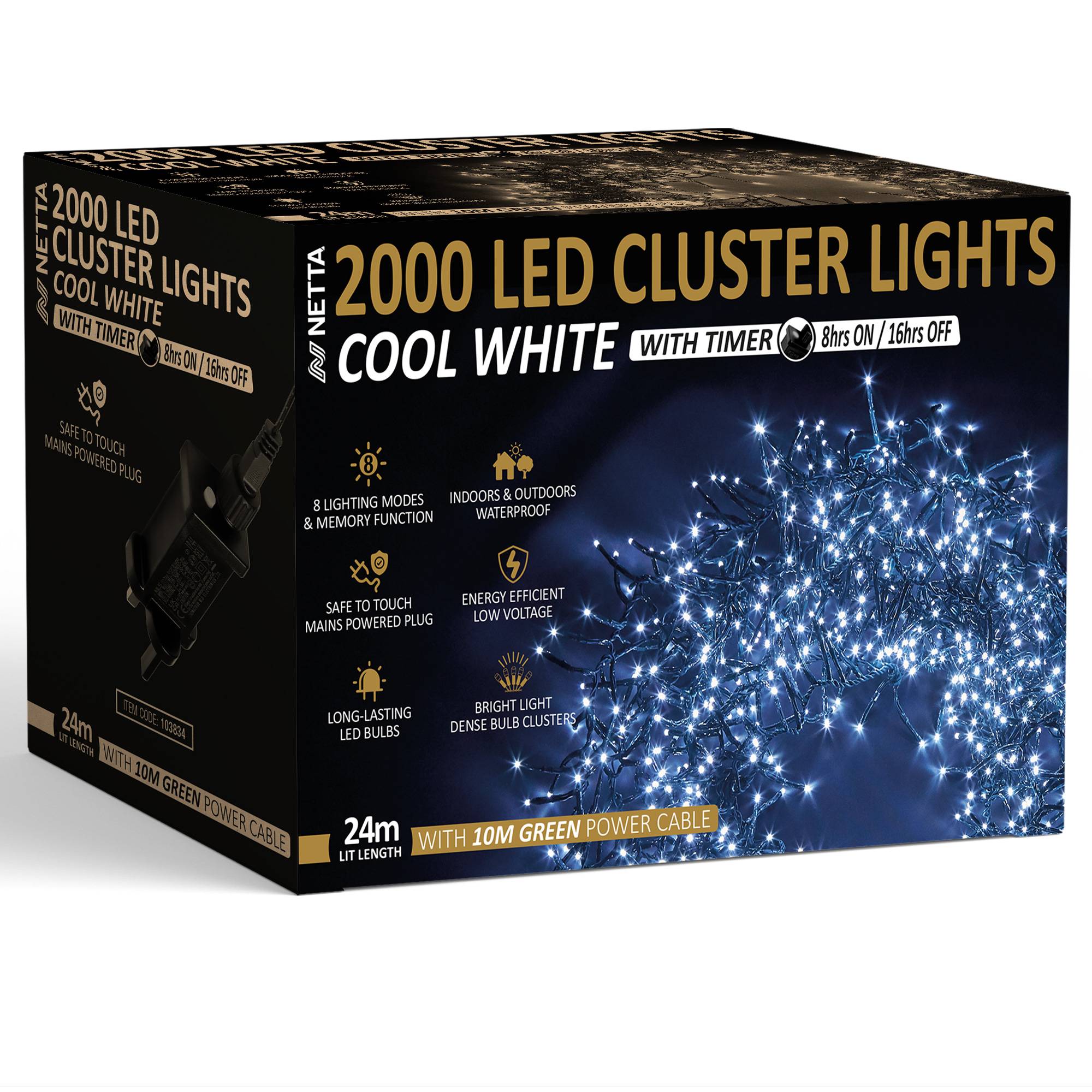 NETTA 2000 LED 24m Christmas Cluster String Lights with Timer - Cool White - Image 1