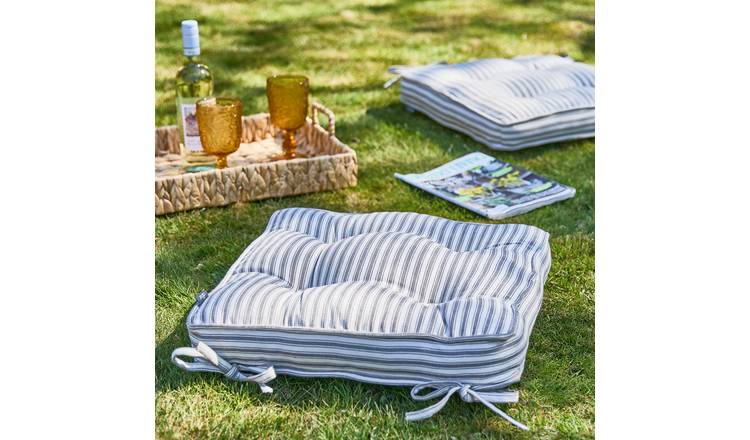 Dibor Set of 4 Striped Outdoor Garden Chair Cushion Seat Pads with Ties - Grey
