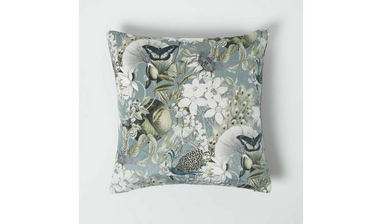 Homescapes Black Grey Floral Velvet Butterfly Garden Cushion - 46 x 46cm