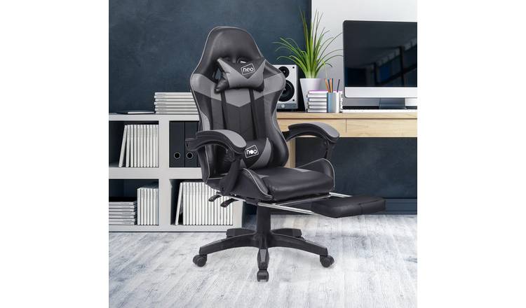 Neo Leather Massage Recliner Gaming Office Chair with Footrest - Grey