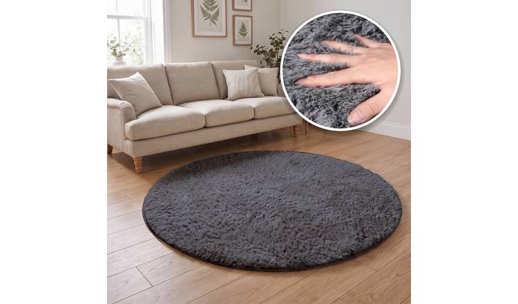 The Rugs Grey Lush Plain Washable Non Slip Shaggy Round Rug - 80cm