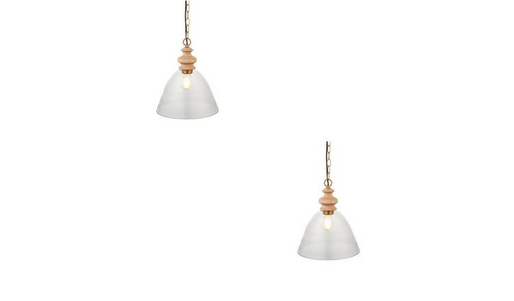 Loops Direct Set of 2 Ash Wood and Pendant Lights - Clear Glass