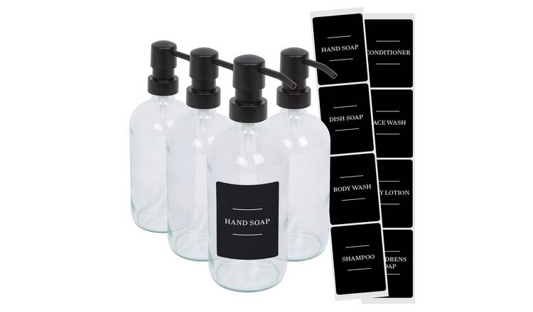 Harbour Housewares Soap Dispensers with Labels  - Clear/Black - Set of 4