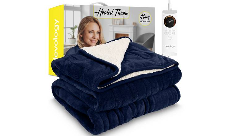 Devology Navy Shearling Electric Blanket Throw 6 Settings - Single