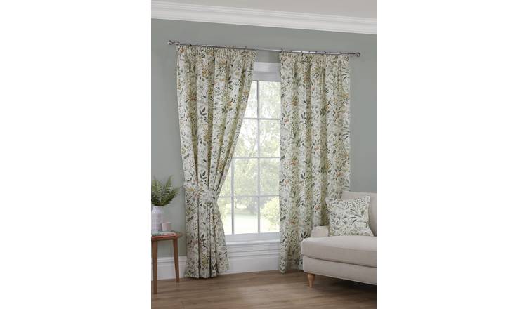 Sundour Cleo Fully Lined Floral Pencil Pleat Curtains - 117cm x 229cm - Willow