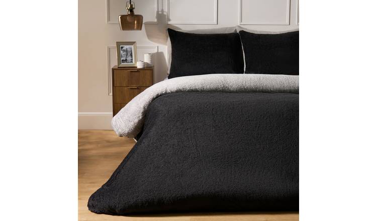 OHS Reversible Teddy Duvet Cover Set Black/Natural - Double