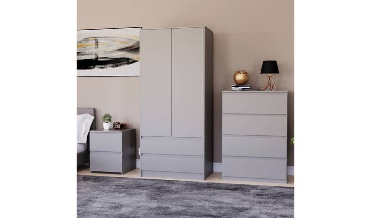 Vida Designs Denver Bedroom Set (Bedside, 4 Drawer Chest, 2x2 Wardrobe) - Grey