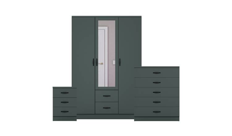 Vida Designs Riano Bedroom Set (Bedside, 5 Drawer Chest, Mirror Wardrobe)- Green
