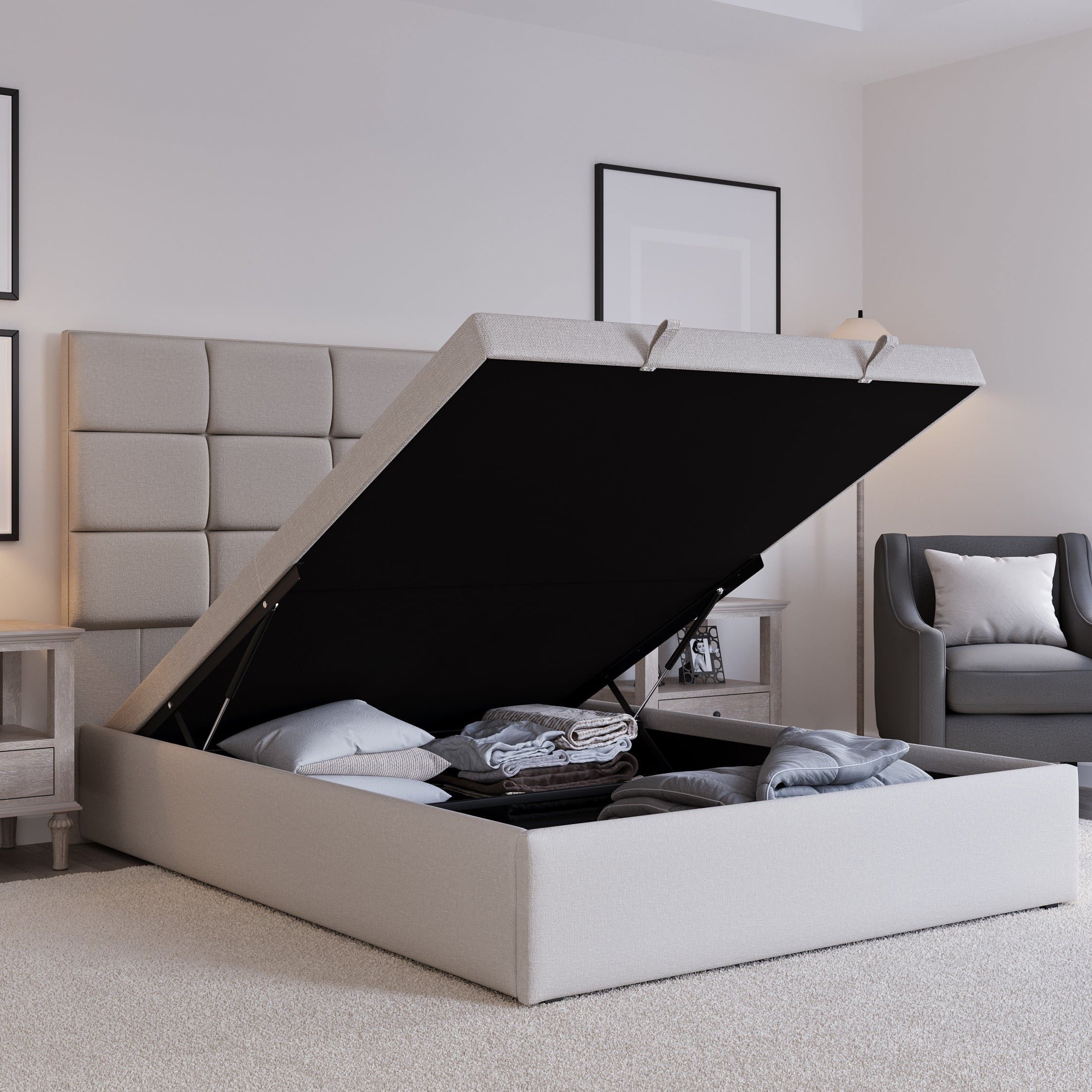 Snuggle Beds Ivory Hayden Fabric Ottoman Bed Frame - King - Image 1
