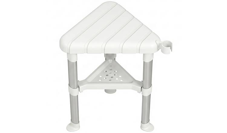HOMCOM Aluminium Alloy Corner Shower Chair with Storage Shelf and Seat - White