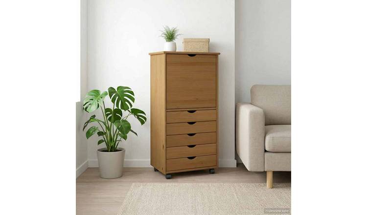 Walplus 5 Drawer Solid Pine Rolling Cabinet - Honey Brown - 53 x 39 x 103 cm