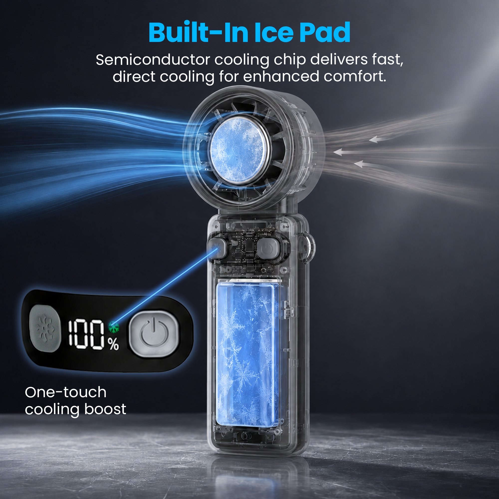 Schallen Handheld Fan with Ice Cooling Plate & 100 Speed Settings - Grey - Image 2