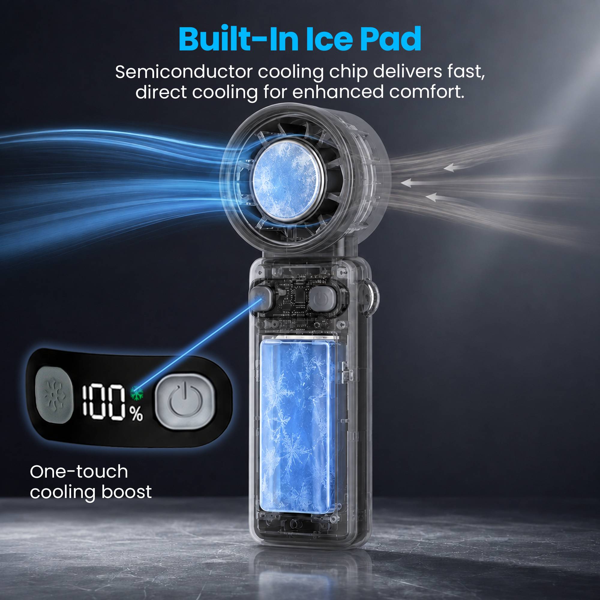 Schallen Handheld Fan with Ice Cooling Plate & 100 Speed Settings - Grey - Image 2