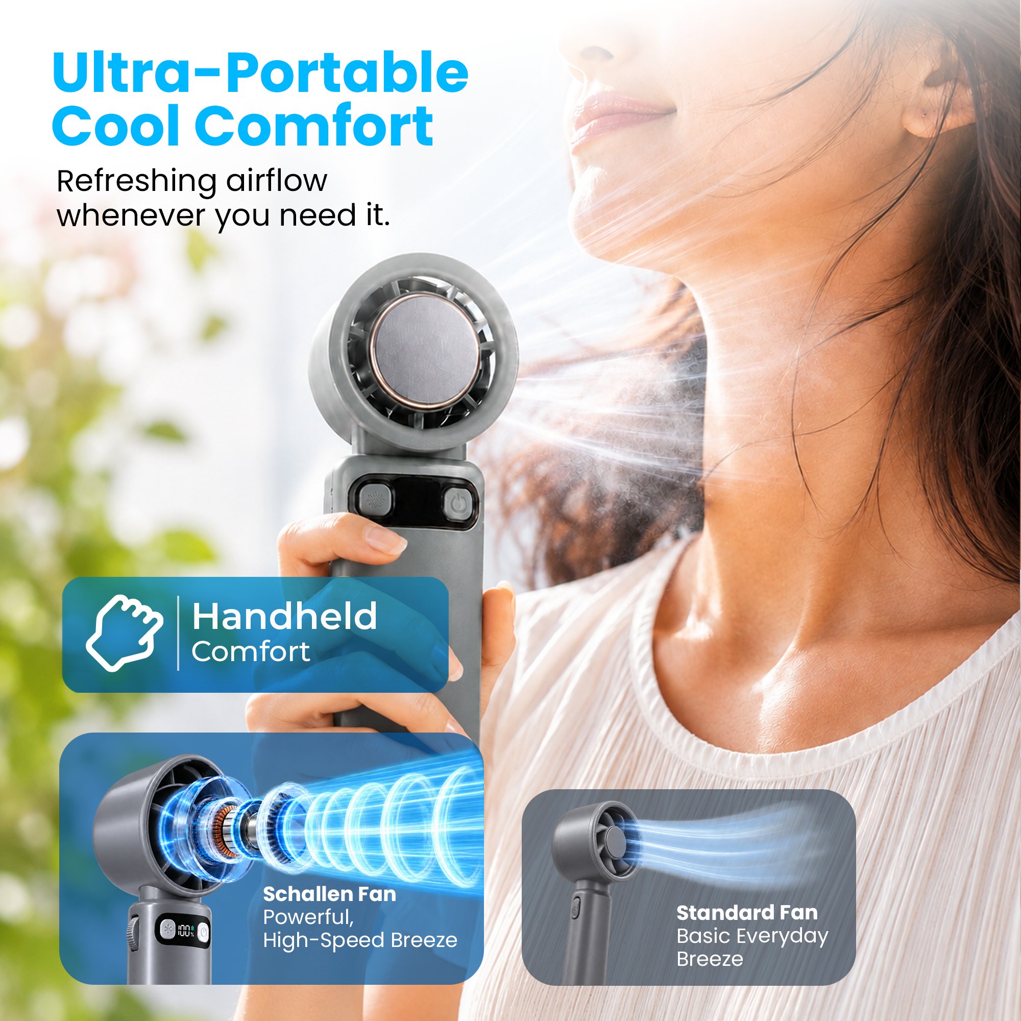 Schallen Handheld Fan with Ice Cooling Plate & 100 Speed Settings - Grey - Image 3