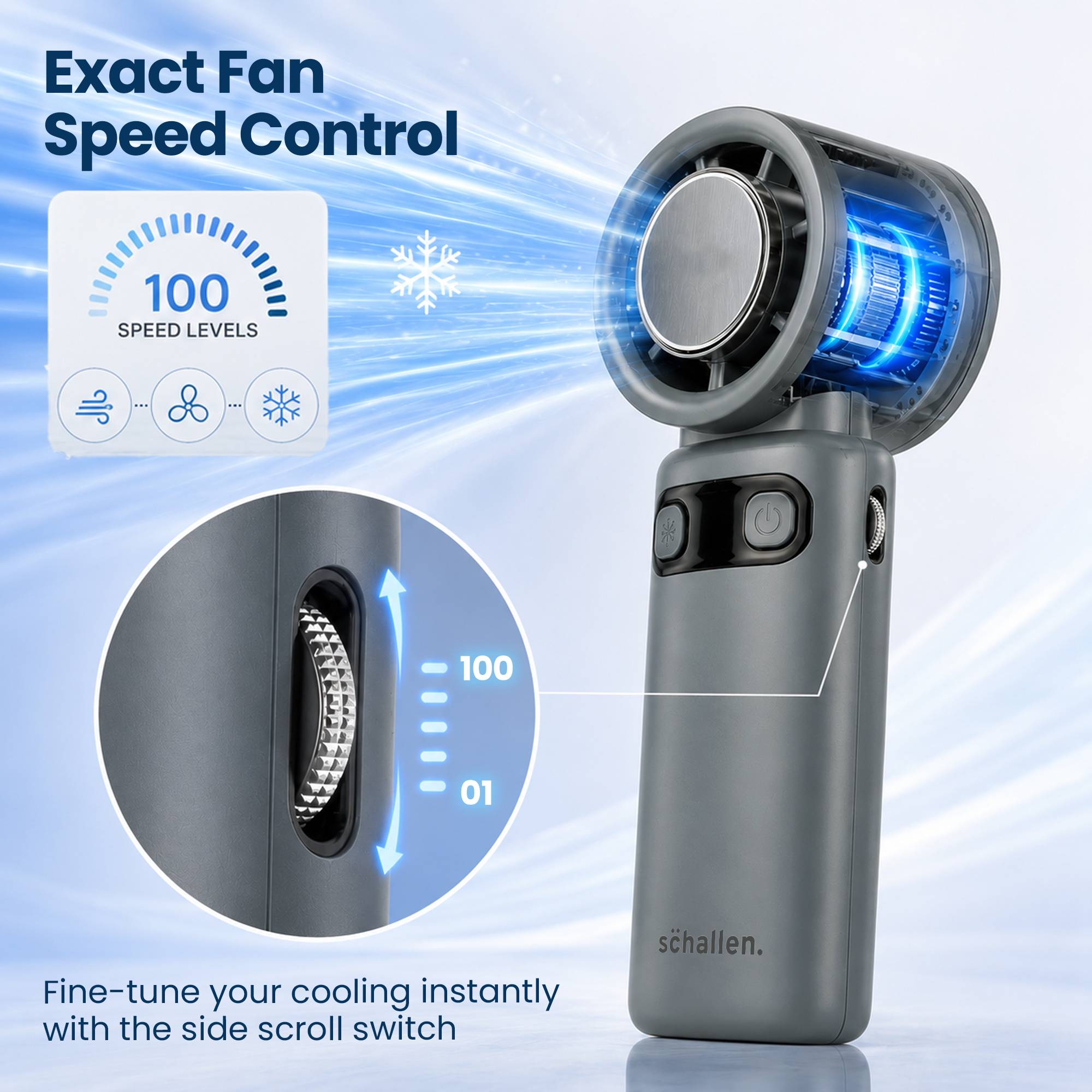 Schallen Handheld Fan with Ice Cooling Plate & 100 Speed Settings - Grey - Image 5