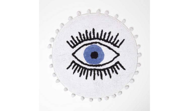 Homescapes Eye See You Natural Cotton Bath Mat with Pom Pom Edges