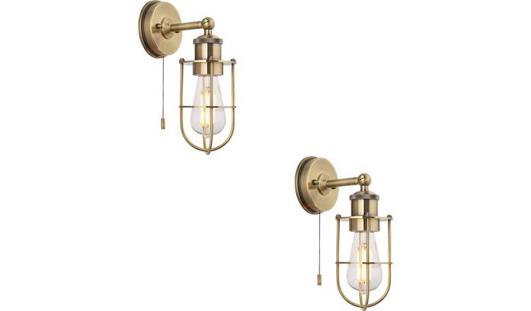 Loops Direct Pack of 2 LED E27 Solid Brass Wall Light - Antique Brass