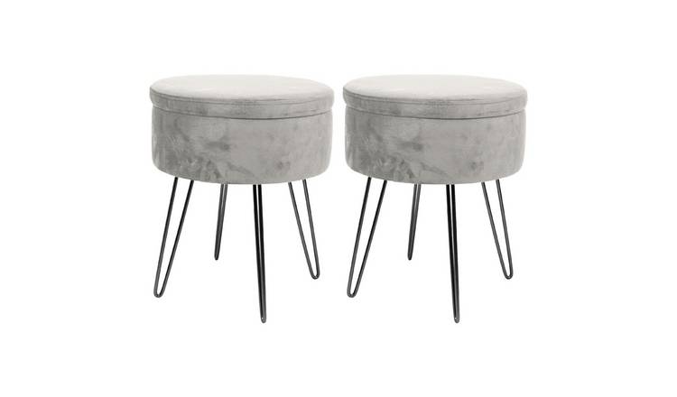 Harbour Housewares Round Velvet Storage Footstools - Grey/Black - Set of 2