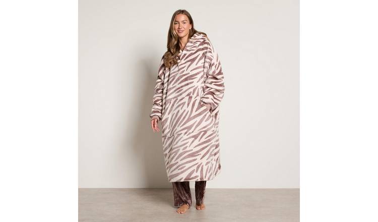 OHS Zebra Print Hoodie Blanket - One Size - Beige
