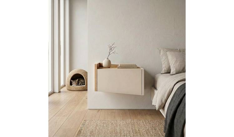 Decortie Diago 1 Drawer Wall Mounted Bedside Table - Oak and Sandstone
