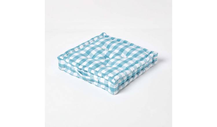 Homescapes Block Check Cotton Gingham Floor Cushion - 50 x 50 cm - Blue