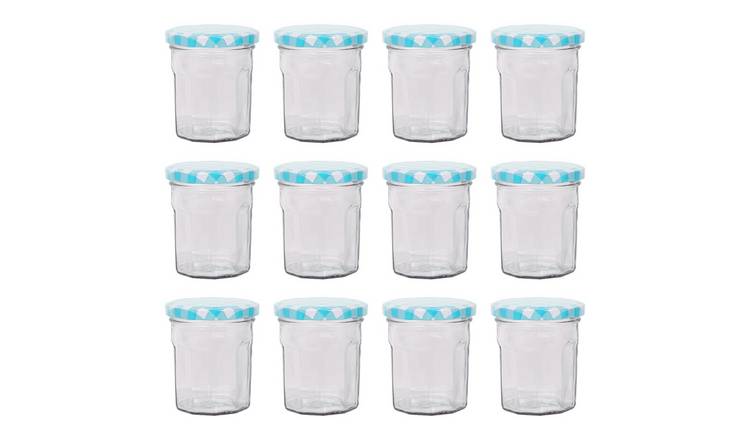 Argon Tableware Glass Jam Jars with Blue Gingham Lids - Pack of 12