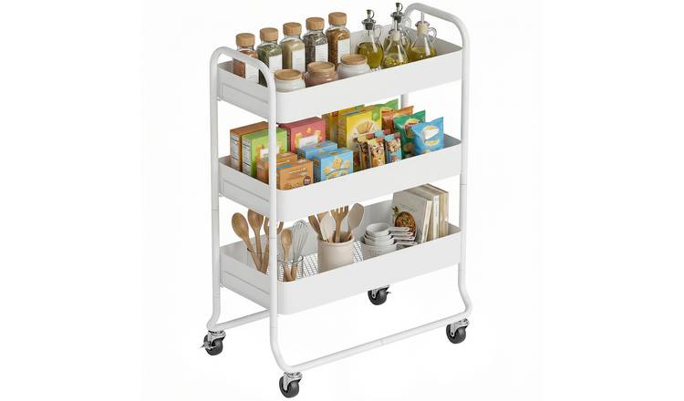 HOMCOM 3 Tier Metal Storage Trolley with Mesh Backets - White