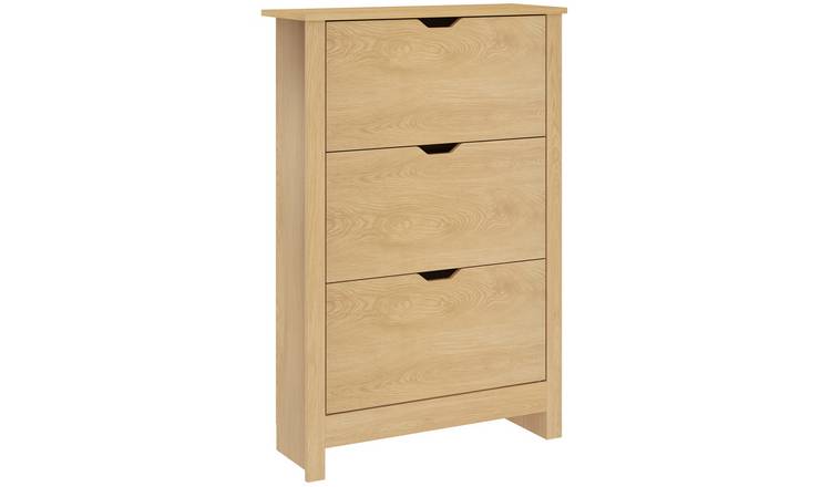 HOMCOM Space Saving Shoe Storage Cabinet with 3 Flip Drawers - Natural Wood