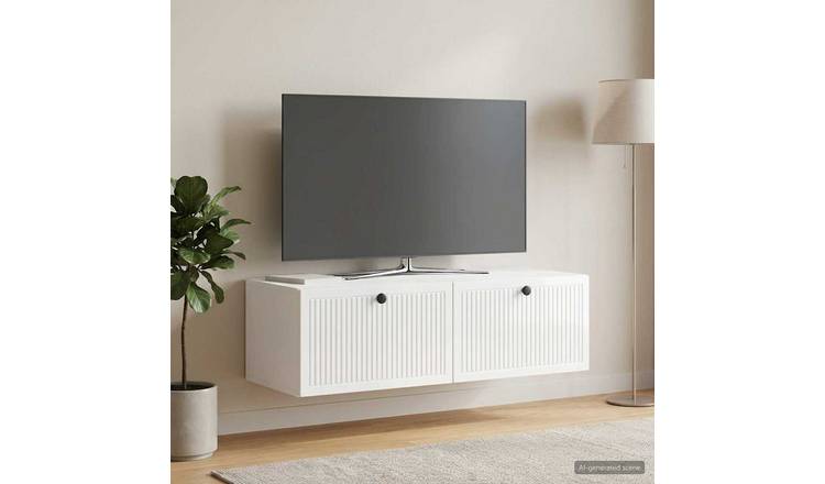 Walplus High Gloss Wall Mounted TV Cabinet - High Gloss White - 98 x 41 x 30 cm