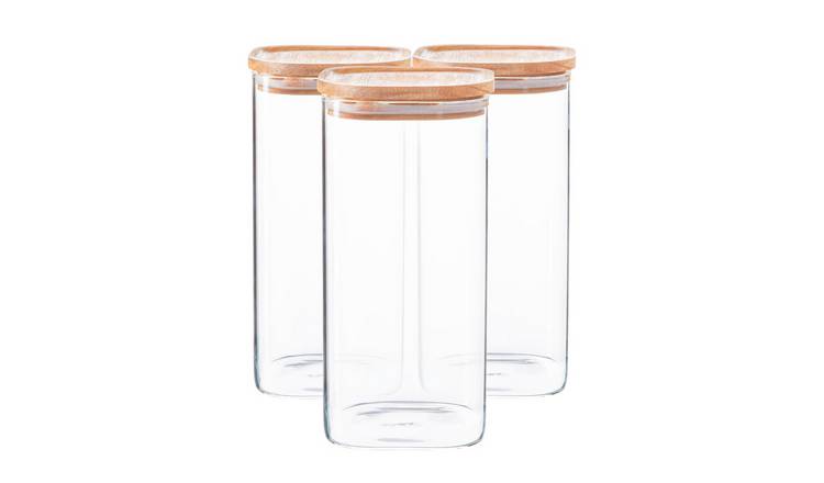 Argon Tableware Square Glass Storage Jars with Wooden Lids - Pack of 6