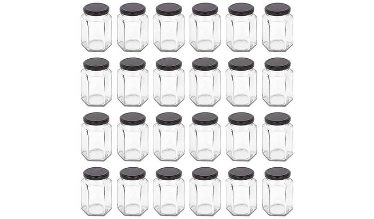Argon Tableware Hexagonal Glass Jam Jars with Black Lids - Pack of 24