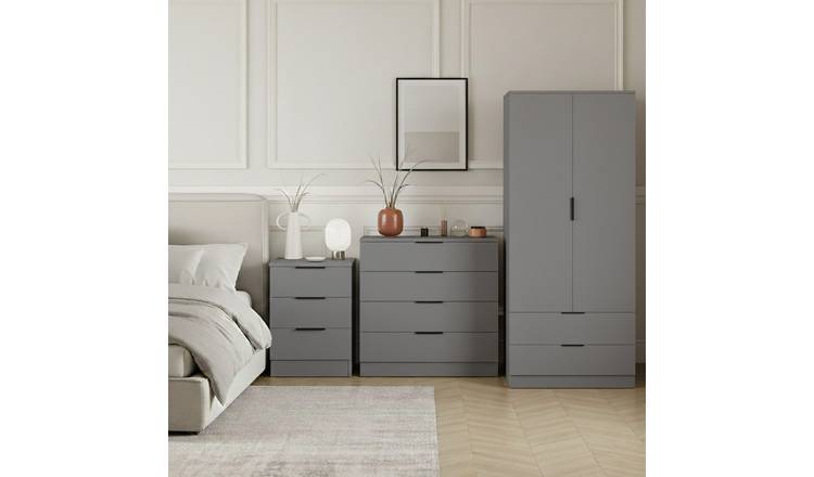 Vida Designs Trega Bedroom Set (Bedside, 4 Drawer Chest, 2x2 Wardrobe) - Grey