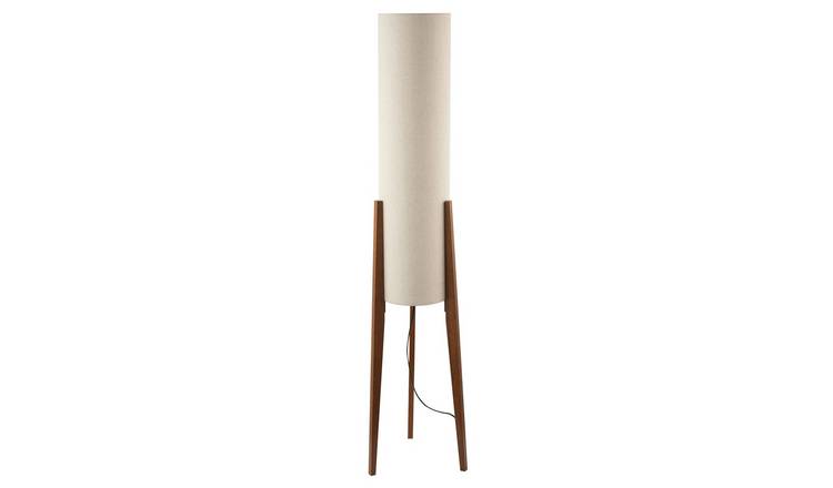 Happy Homewares Brown Natural Linen and Wooden Tripod Legs Floor Lamp - 30cm
