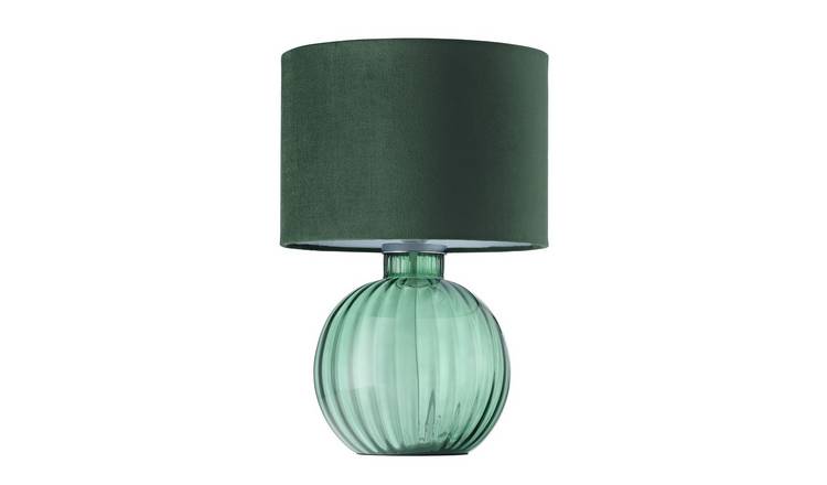Happy Homewares Emerald Ribbed Glass with Forest Green Velvet Table Lamp - 28cm