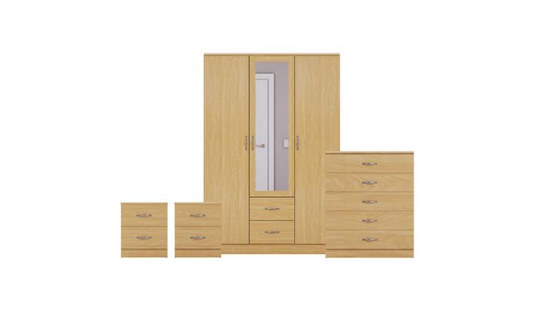 Vida Designs Riano Bedroom Set (Bedsides, 5 Drawer Chest, Mirror Wardrobe)-Pine