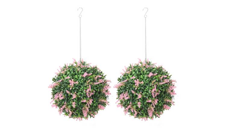 HOMCOM Set of 2 Hanging Artificial Topiary Balls with Lavender- Pink