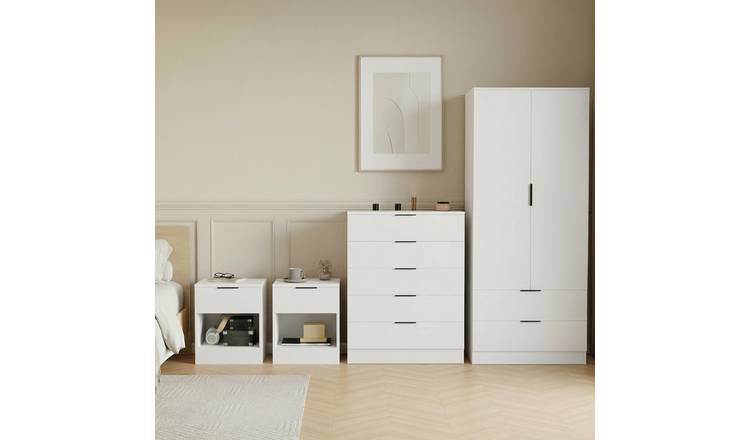 Vida Designs Trega Bedroom Set (Bedsides, 5 Drawer Chest, 2x2 Wardrobe) - White