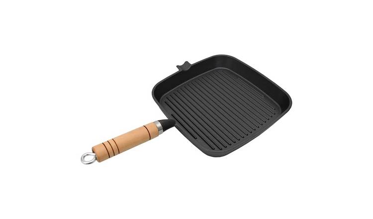 Walplus Cast Iron Grill Pan with Wooden Handle - 38 x 24 x 3 cm - Black