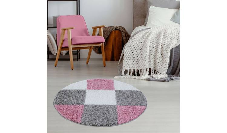 The Rugs Pink Myshaggy Checkered Round Shaggy Rug - 120cm
